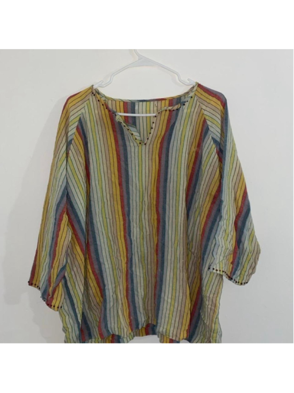 Multi-colored vintage bohemian vertical striped blouse with button detail